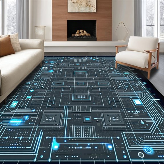 Flatwoven High Traffic Area Rug, Digital Circuitry Inspired Grid With Interlocking Angular And Like Elements, Non Slip, Stain Resistant, Washable Area Rugs for Living Room, Bedroom(Black, 2X3)