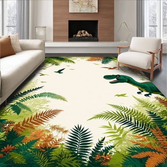 ODIKA 4'x6' Machine Washable Non-Slip Area Rug, Dinosaur Adventure with Primeval Forest Scenes and Non Slip Backing High Traffic Rug, Green, 83506