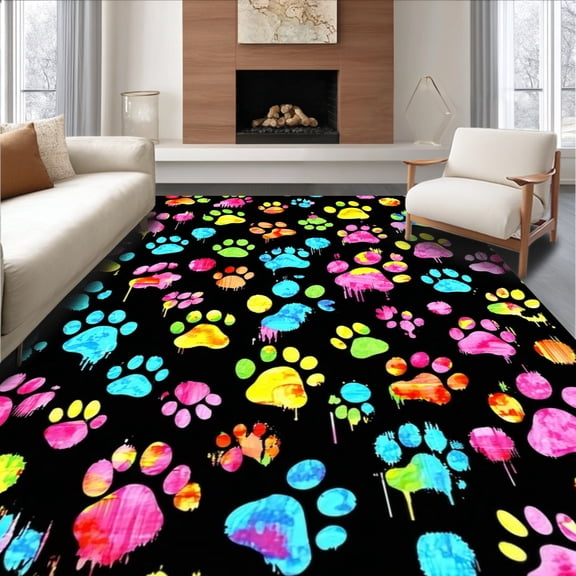ODIKA 5'x7' Machine Washable Non-Slip Area Rug, Doggy Graffiti Paw Print Whimsical Accent High Traffic Rug, Yellow, 128114