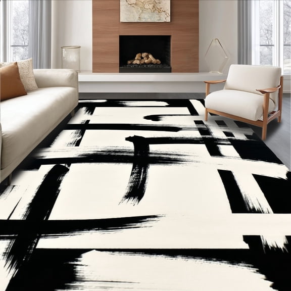 ODIKA 8'x10' Machine Washable Non-Slip Area Rug, Dramatic Contrast Artisan Brushstroke Abstract Expressionist Design High Traffic Rug, Black, 182973