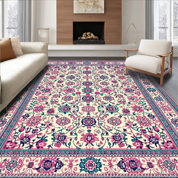 ODIKA 8'x10' Machine Washable Non-Slip Area Rug, Dramatic Rustic Floral High Traffic Rug, Ivory, 10758