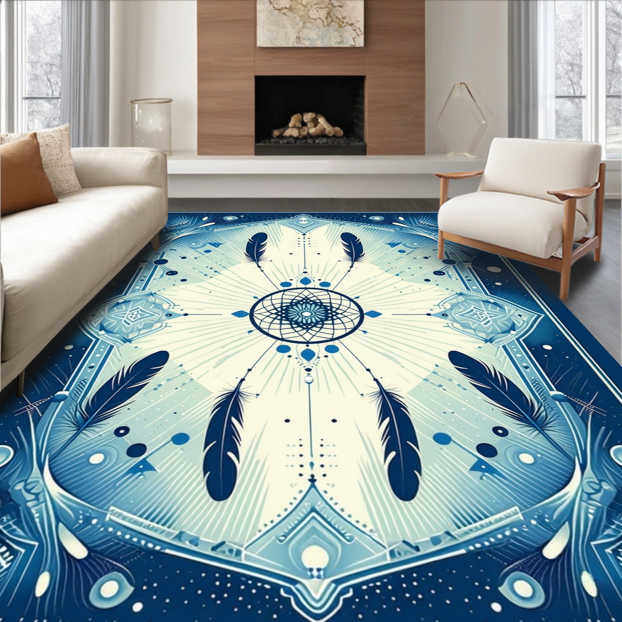 Area Rug Without Border Flatwoven High Traffic Area Rug, Dreamcatcher Inspired Scrollwork with ...