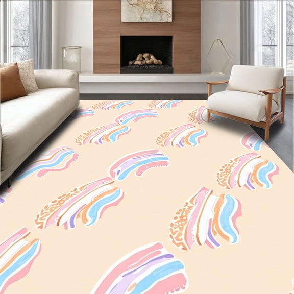 ODIKA 6' Machine Washable Non-Slip Area Rug, Dreamscape with Interlocking Boho Rainbows and Petite Dot Embellishments High Traffic Rug, Beige, 392405