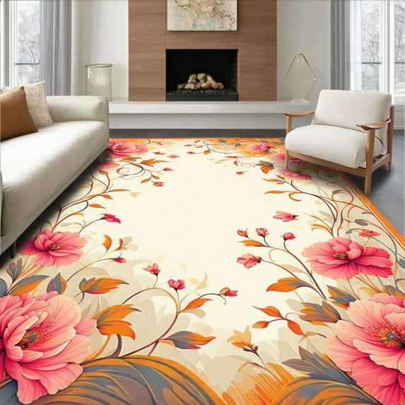 Flatwoven High Traffic Area Rug, Dreamy Carnation Mirage Featuring Leafy Silky And Vibrant Whimsical Motifs, Non Slip, Stain Resistant, Washable Area Rugs for Living Room, Bedroom(Coral, 4X6)