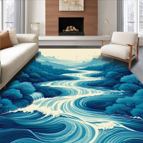 ODIKA 4'x6' Machine Washable Non-Slip Area Rug, Dreamy Cascade Waterfall Rippling Stream Wave High Traffic Rug, Blue, 165343