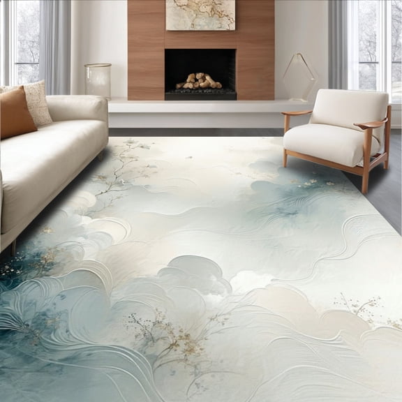 ODIKA 4'x6' Machine Washable Non-Slip Area Rug, Dreamy Cloud Aesthetic With Abstract Wisps For Ambiance High Traffic Rug, Gray, 154898