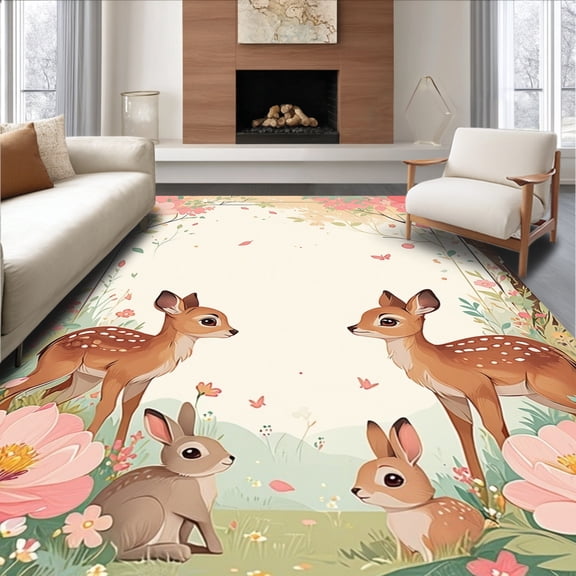 ODIKA 6'x9' Machine Washable Non-Slip Area Rug, Dreamy Deer Garden Fantasy Animal & Floral Design High Traffic Rug, Tan, 156613