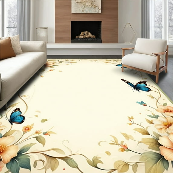 ODIKA 8'x10' Machine Washable Non-Slip Area Rug, Dreamy Flower Inspired Featuring Designs High Traffic Rug, Beige, 206842