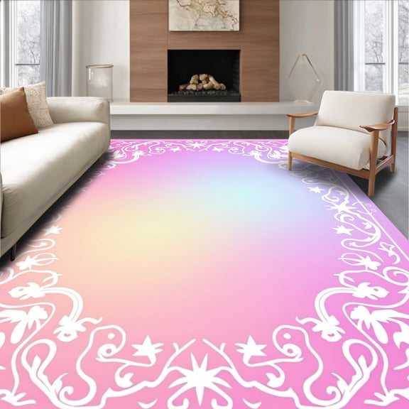 ODIKA 4'x6' Machine Washable Non-Slip Area Rug, Dreamy Wonderland Enchanted Fairy Tale Magic Fantasy High Traffic Rug, Pink, 499100