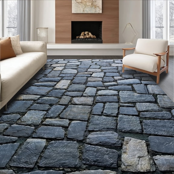 ODIKA 4'x6' Machine Washable Non-Slip Area Rug, Dual Pack Dark Grey Stone With Anti Slip Cobblestone Embossed Design High Traffic Rug, Gray, 107133