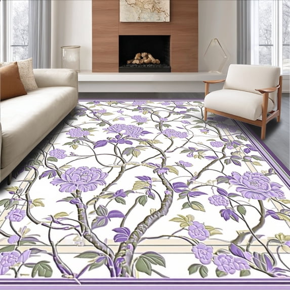 ODIKA 4'x6' Machine Washable Non-Slip Area Rug, Dwelke Style Abstract Floral Motif Patterned High Traffic Rug, Purple, 187112