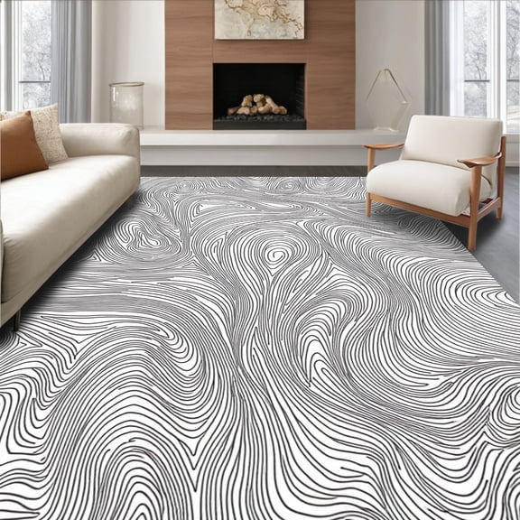 ODIKA 4'x6' Machine Washable Non-Slip Area Rug, Dynamic Abstract Lines with Fluid Movement and Intricate Details High Traffic Rug, Black, 237514