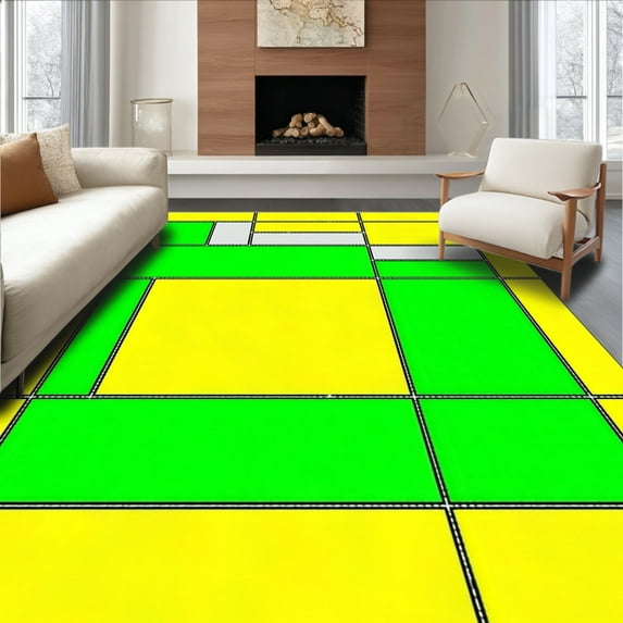 ODIKA 2'x3' Machine Washable Non-Slip Area Rug, Dynamic Citrine Chessboard Motif with Chlorophyll Geometric Reflector Accents High Traffic Rug, Yellow, 191309
