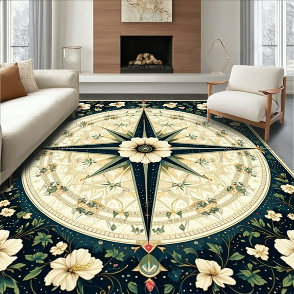 ODIKA 4'x6' Machine Washable Non-Slip Area Rug, Dynamic Compass Rose with Paisley and Hibiscus Blossom Design High Traffic Rug, Beige, 198147