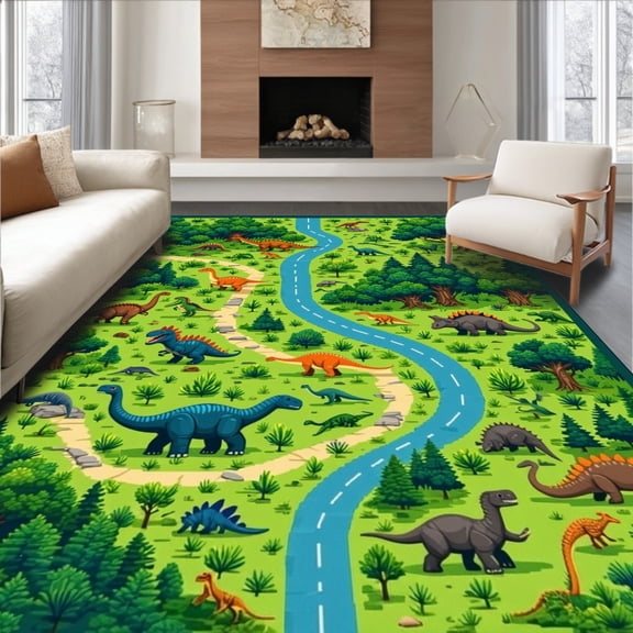 ODIKA 4'x6' Machine Washable Non-Slip Area Rug, Dynamic Jurassic Off Road Experience High Traffic Rug, Green, 8479