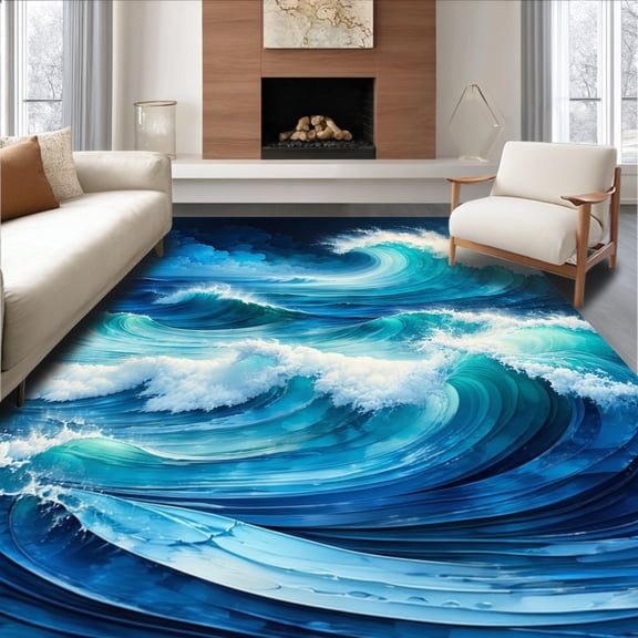 ODIKA 4'x6' Machine Washable Non-Slip Area Rug, Dynamic Ocean Wave Illusion Abstract Sea Surface Vortex Design High Traffic Rug, Blue, 141460