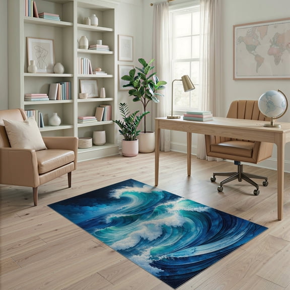 ODIKA 4'x6' Abstract Blue Washable Area Rug for Dorm Room, Small Living Stain Resistant Low Profile, Easy Care
