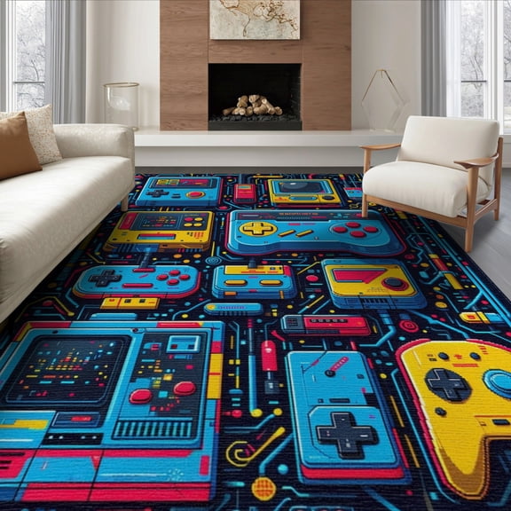 ODIKA 6'x9' Pixelated Gaming with Retro Arcade Game Design Blue Washable Area Rug for Family Room, Living Mater Bedroom, Non-Slip, Easy Care