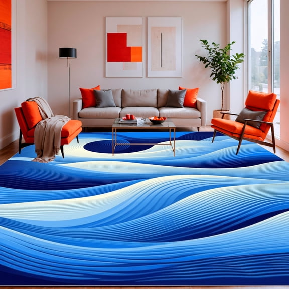 ODIKA 4'x6' Machine Washable Non-Slip Area Rug, Dynamic Spiral Wave with Circular Swirls and Gradual Color Transitions High Traffic Rug, Blue, 156033