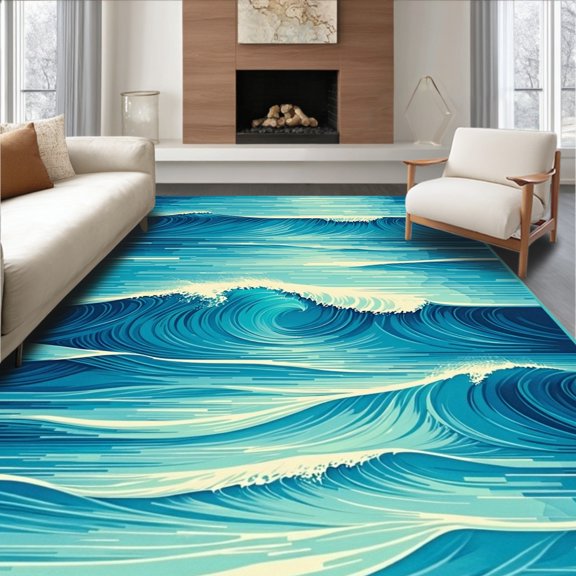 Flatwoven High Traffic Area Rug, Dynamic Teal Wave Aesthetic, Non Slip, Stain Resistant, Washable Area Rugs for Living Room, Bedroom(Blue, 3X5)