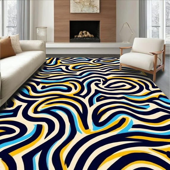 ODIKA 6'x6' Machine Washable Non-Slip Area Rug, Dynamic Zebra Inspired Print with Fluid Movement and Design High Traffic Rug, Beige, 292733