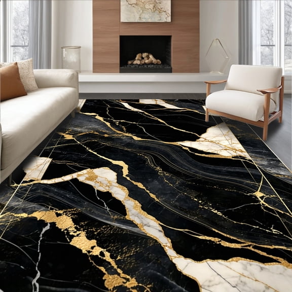 ODIKA 8'x10' Machine Washable Non-Slip Area Rug, Ebon Marble Swirl Gilt Accent Floor Chic Hallway Porch High Traffic Rug, Black, 100928