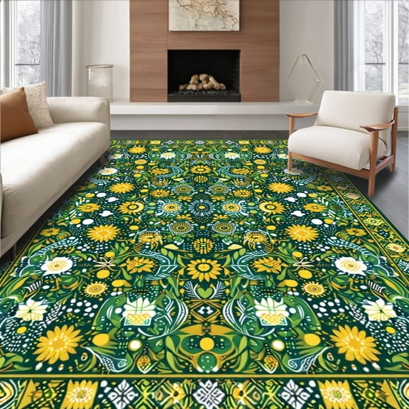 ODIKA 4'x6' Machine Washable Non-Slip Area Rug, Eclectic Boho in with Golden Yellow Swirls High Traffic Rug, Green, 50238