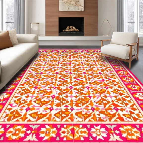 Flatwoven High Traffic Area Rug, Eclectic Boho Chic with Retro Tile, Non Slip, Stain Resistant, Washable Area Rugs for Living Room, Bedroom(Orange, 2X3)