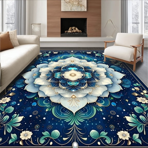 ODIKA 4'x6' Machine Washable Non-Slip Area Rug, Eclectic Boho with Stylized Fern and Vine Filigree High Traffic Rug, Blue, 206655