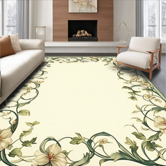 ODIKA 4'x6' Machine Washable Non-Slip Area Rug, Eclectic Botanical Scrollwork Featuring Muted Green Hues High Traffic Rug, Ivory, 214809