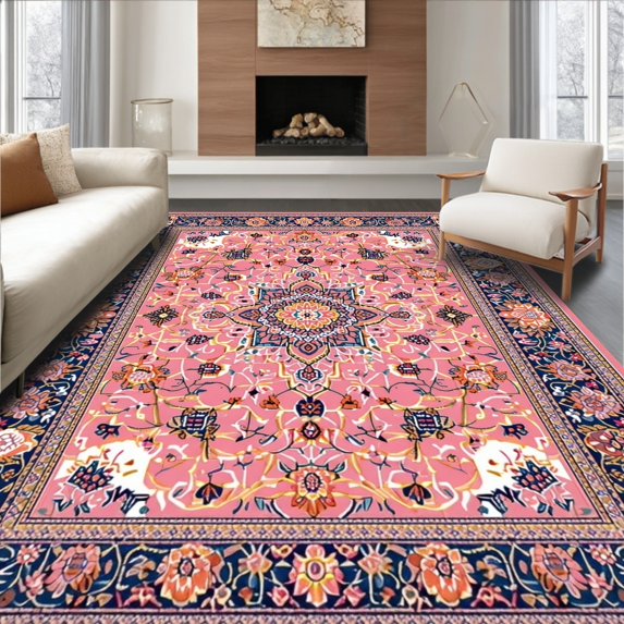 Flatwoven High Traffic Area Rug, Eclectic Colorful Centerpiece Motif, Non Slip, Stain Resistant, Washable Area Rugs for Living Room, Bedroom(Pink, 4X6)