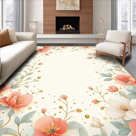 ODIKA 4'x6' Machine Washable Non-Slip Area Rug, Eclectic Floral Overlay with Abstract Petals and Whimsical Dot Accents High Traffic Rug, Peach, 137440