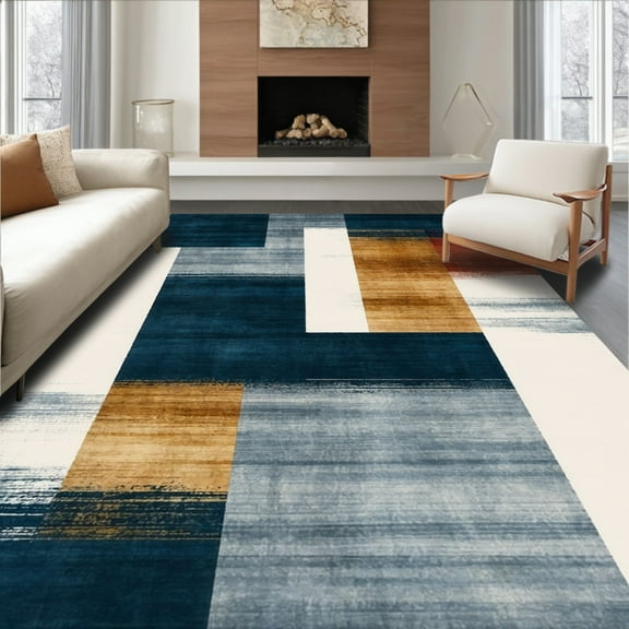 ODIKA 8'x10' Machine Washable Non-Slip Area Rug, Eclectic Funky Ink Wash Design Abstract in Multi Tone High Traffic Rug, Blue, 47543