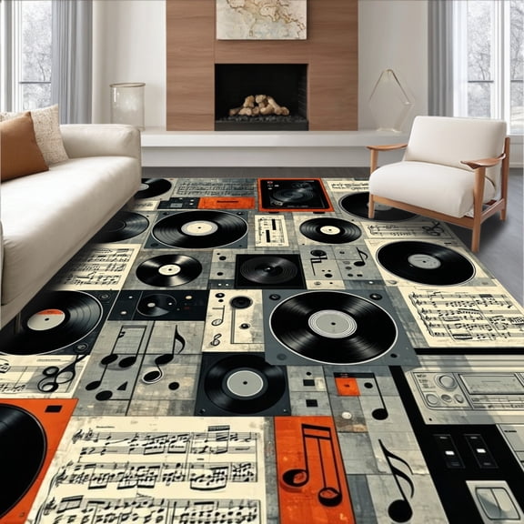ODIKA 4'x6' Machine Washable Non-Slip Area Rug, Eclectic Music Iconography Featuring Vintage Record Player Motifs High Traffic Rug, Black, 88448