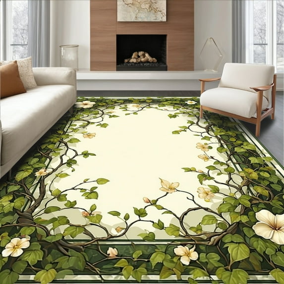 Flatwoven High Traffic Area Rug, Edge Floral With Layered Leafy Vines, Non Slip, Stain Resistant, Washable Area Rugs for Living Room, Bedroom(Green, 4X6)