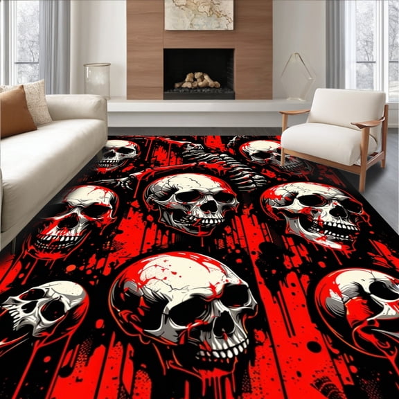 ODIKA 4'x6' Machine Washable Non-Slip Area Rug, Edgy Halloween Skull Featuring Bold and Black Horror Design High Traffic Rug, Red, 58927