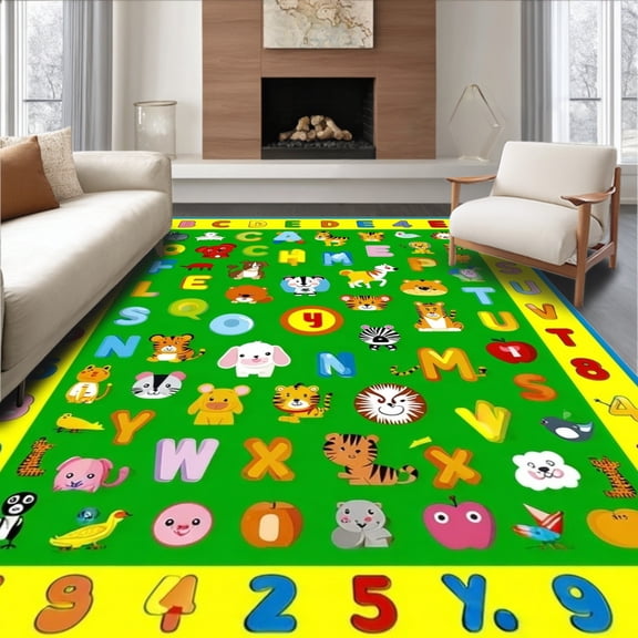ODIKA 6'x9' Machine Washable Non-Slip Area Rug, Educational Alphabet Adventure for Learning with Animals Numbers High Traffic Rug, Green, 84216