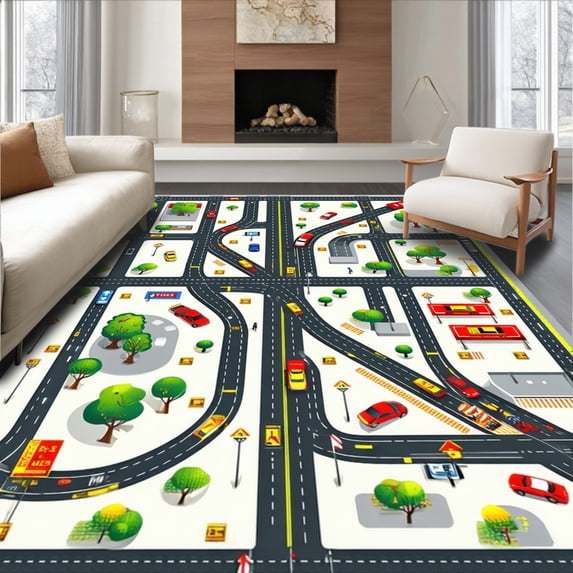 ODIKA 3'x5' Machine Washable Non-Slip Area Rug, Educational City Road Experience High Traffic Rug, Black, 28953