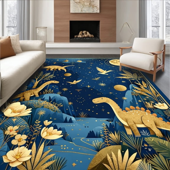 ODIKA 5'x7' Machine Washable Non-Slip Area Rug, Educational Dino Alphabet for High Traffic Rug, Blue, 84590
