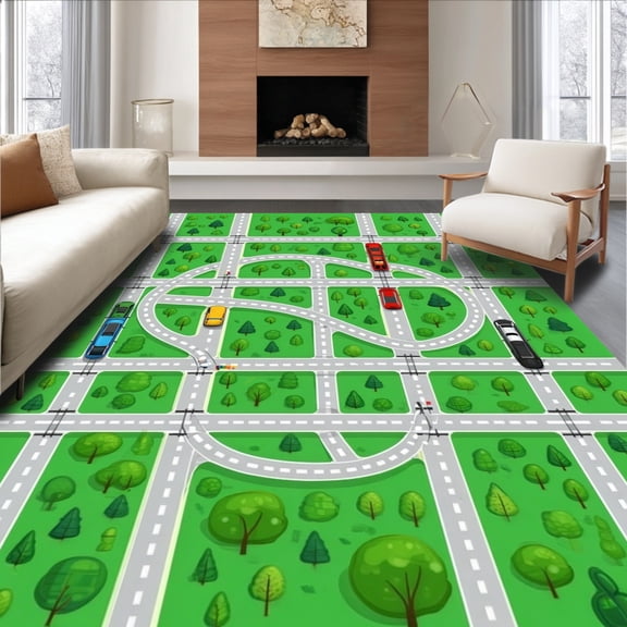 ODIKA 4'x6' Machine Washable Non-Slip Area Rug, Educational Road Map with Trains Bridges and Roadways for High Traffic Rug, Green, 151389