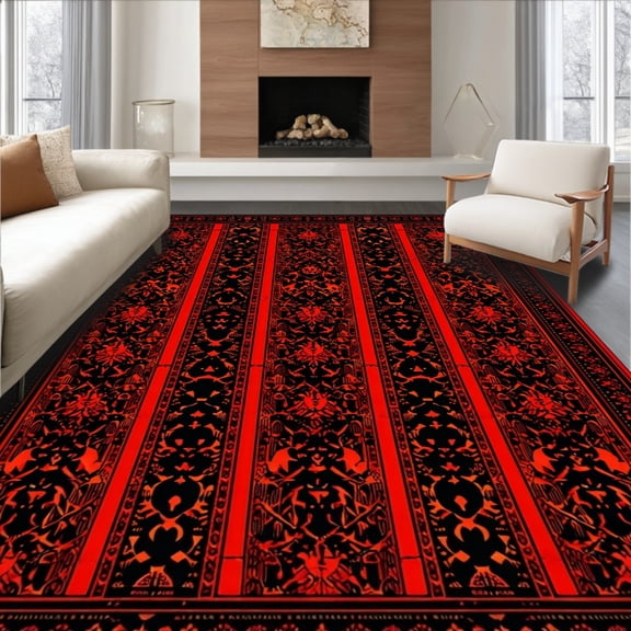 ODIKA 8'x10' Machine Washable Non-Slip Area Rug, Eerie Monochrome Trellis Arrangement High Traffic Rug, Red, 26973
