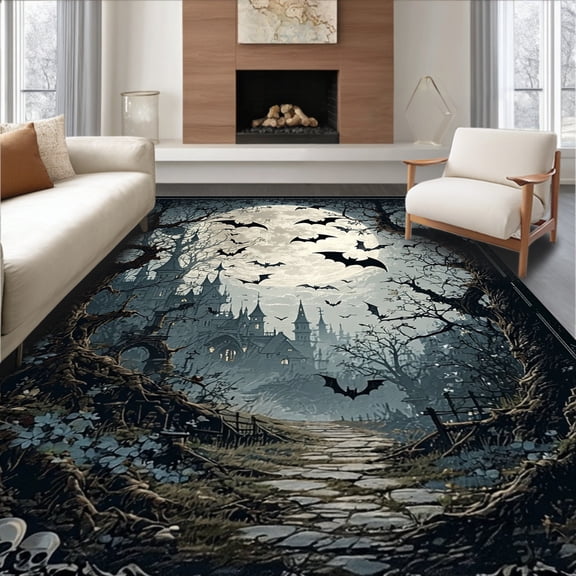 ODIKA 8'x10' Machine Washable Non-Slip Area Rug, Eerie Shadowy Bat High Traffic Rug, Black, 29627
