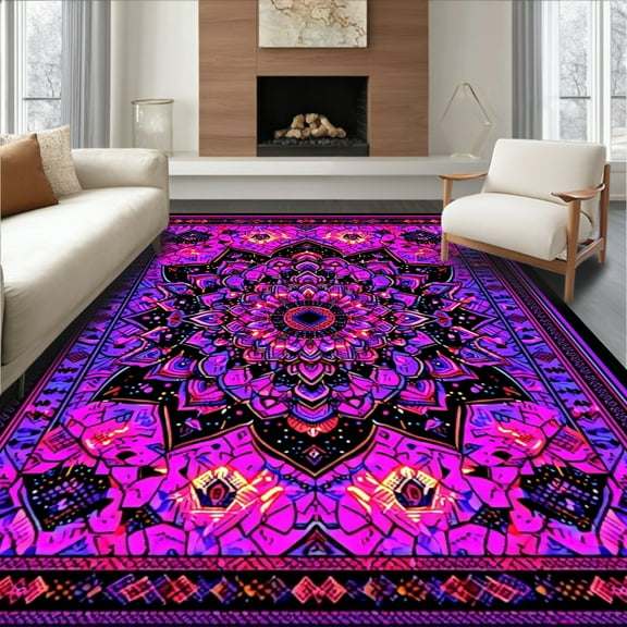 Flatwoven High Traffic Area Rug, Electric UV Reactive Geometric Style, Non Slip, Stain Resistant, Washable Area Rugs for Living Room, Bedroom(Purple, 4X6)