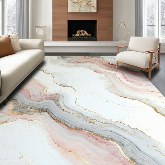 Flatwoven High Traffic Area Rug, Elegant Abstract Swirling Marble Effect, Non Slip, Stain Resistant, Washable Area Rugs for Living Room, Bedroom(White, 3X5)