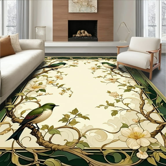 ODIKA 2'x3' Machine Washable Non-Slip Area Rug, Elegant Art Nouveau Birds and Floral Motif with Interwoven Vine Accents High Traffic Rug, Green, 278817