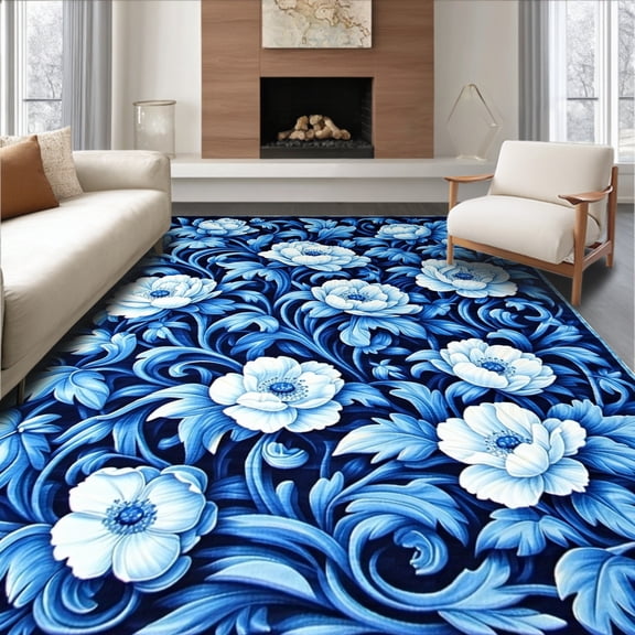 ODIKA 4'x6' Machine Washable Non-Slip Area Rug, Elegant with Artistic Delft Botanical Prints High Traffic Rug, Blue, 84239