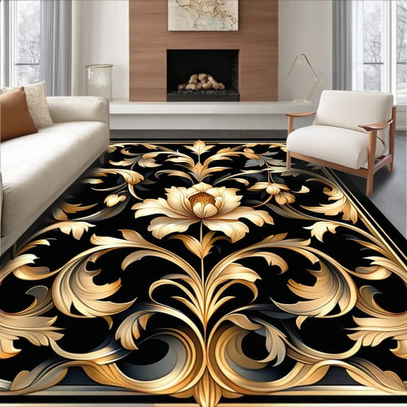 ODIKA 4'x6' Machine Washable Non-Slip Area Rug, Elegant Baroque Scrollwork with Flourishing Leaf and Flower Details High Traffic Rug, Gold, 217173