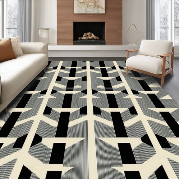 ODIKA 8'x10' Machine Washable Non-Slip Area Rug, Elegant Black & Beige Geometric High Traffic Rug, Beige, 51266