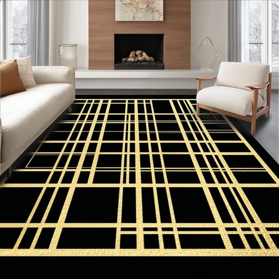 ODIKA 2'x3' Machine Washable Non-Slip Area Rug, Elegant Black & Gold Geometric Modern Lines High Traffic Rug, Gold, 87351