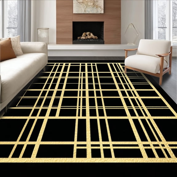 ODIKA 8'x10' Machine Washable Non-Slip Area Rug, Elegant Black & Gold Geometric Modern Lines High Traffic Rug, Gold, 87351